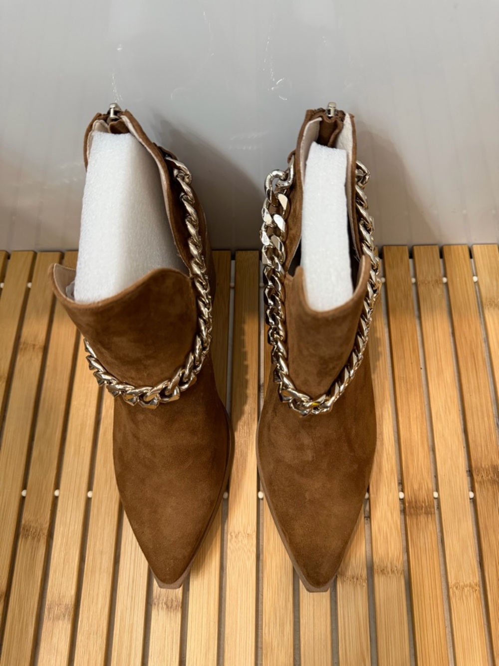 Steve Madden Brown Suede Pointed Ankle Boots with Gold Chain